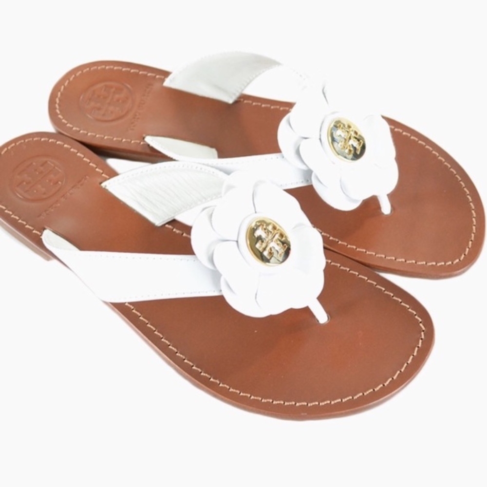 Tory Burch white leather flower flip flops
